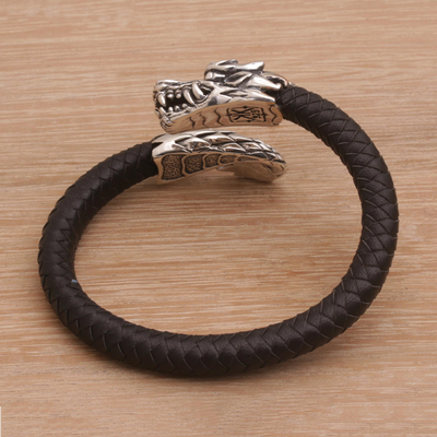 Herrenarmband aus Sterlingsilber und Leder - Herren-Drachenarmband aus Sterlingsilber und Leder aus Bali