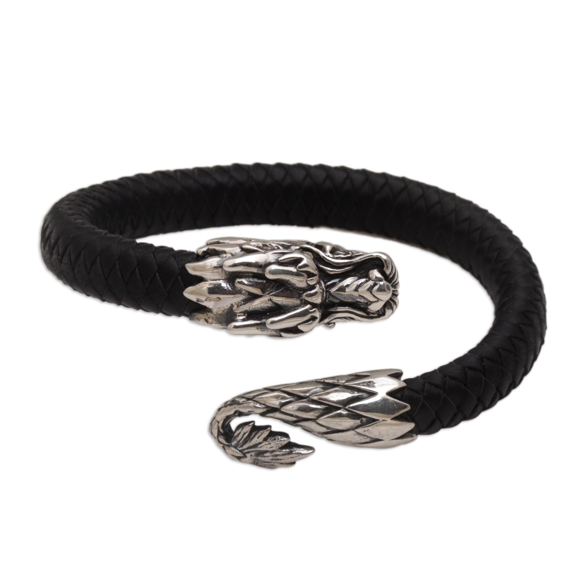 Men's Sterling Silver and Leather Dragon Bracelet from Bali - Braided ...