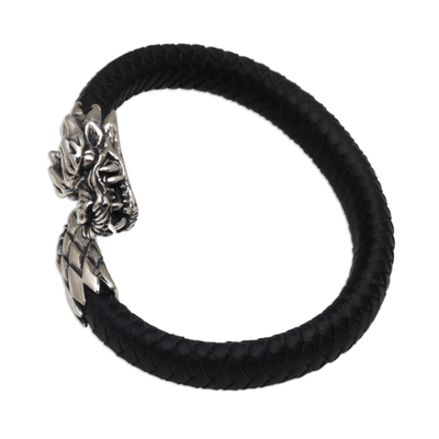 DRAGON Large Braided Leather Bracelet with Silver Dragon by King Baby