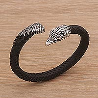Men's sterling silver and leather cuff bracelet, 'Braided Eagle'