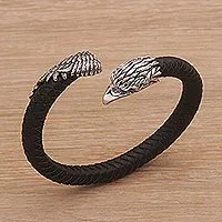 Men's sterling silver and leather cuff bracelet, 'Braided Eagle' - Men's Sterling Silver and Leather Eagle Bracelet from Bali