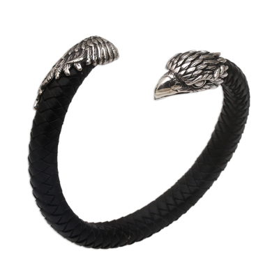 Braided Black Leather Sterling Silver Eagle Head Cuff Bracelet