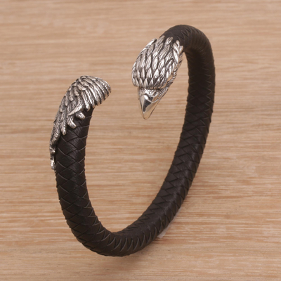 Men's sterling silver and leather cuff bracelet, 'Braided Eagle' - Men's Sterling Silver and Leather Eagle Bracelet from Bali