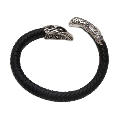 Men's sterling silver and leather cuff bracelet, 'Braided Eagle' - Men's Sterling Silver and Leather Eagle Bracelet from Bali