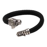 Men's sterling silver and leather cuff bracelet, 'Braided Tiger' - Men's Sterling Silver and Leather Tiger Bracelet from Bali