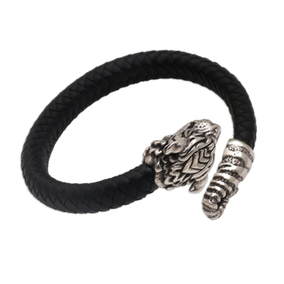 Men's sterling silver and leather cuff bracelet, 'Braided Tiger' - Men's Sterling Silver and Leather Tiger Bracelet from Bali
