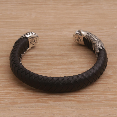 Men's sterling silver and leather cuff bracelet, 'Broken Wings' - Men's Sterling Silver and Leather Cuff Bracelet from Bali