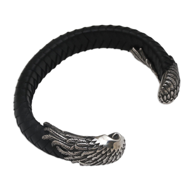 Herrenarmband aus Sterlingsilber und Leder - Herren-Manschettenarmband aus Sterlingsilber und Leder aus Bali