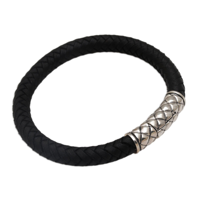 Men's sterling silver and leather wristband bracelet, 'Strength of a Dragon' - Men's Sterling Silver and Leather Wristband Bracelet
