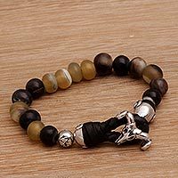 Mens sterling silver and horn beaded bracelet, Yoked Bull