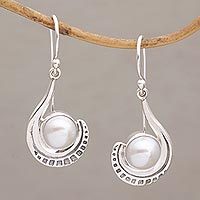 Cultured pearl dangle earrings, 'Marking Time' - Sterling Silver and Cultured Pearl Dangle Earrings