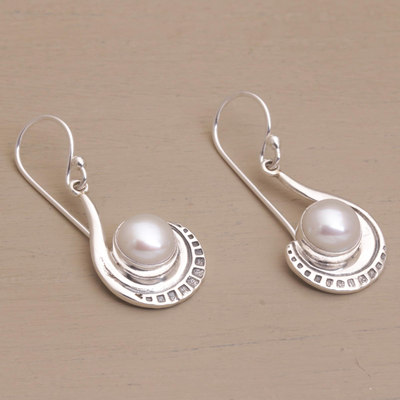 Cultured pearl dangle earrings, 'Marking Time' - Sterling Silver and Cultured Pearl Dangle Earrings