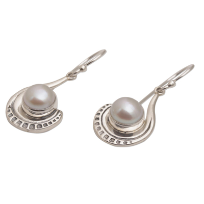 Cultured pearl dangle earrings, 'Marking Time' - Sterling Silver and Cultured Pearl Dangle Earrings