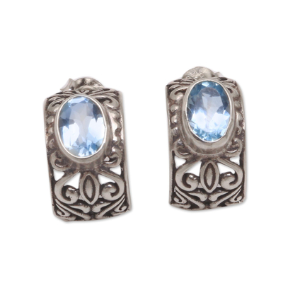 Half-Hoop Silver Earrings with One Carat of Blue Topaz Gems