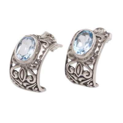 Blue topaz half-hoop earrings, 'Vine Curves' - Half-Hoop Silver Earrings with One Carat of Blue Topaz Gems