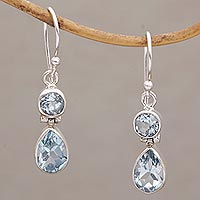 Blue topaz dangle earrings, 'Double Drops' - Blue Topaz Dangle Earrings in Sterling Silver Bezels