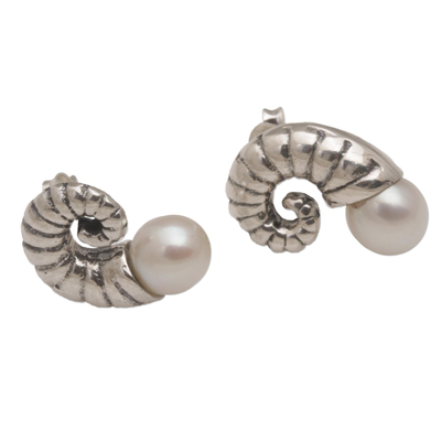 Cultured pearl button earrings, 'Ancient Ammonite' - Fossil Shaped Sterling Earrings with Cultured Pearls