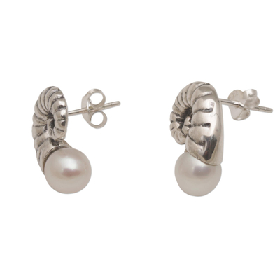 Cultured pearl button earrings, 'Ancient Ammonite' - Fossil Shaped Sterling Earrings with Cultured Pearls