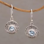 Blue topaz dangle earrings, 'Dainty Shields' - Round Sterling Silver Earrings with Blue Topaz Gems