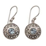 Blue topaz dangle earrings, 'Dainty Shields' - Round Sterling Silver Earrings with Blue Topaz Gems