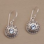 Blue topaz dangle earrings, 'Dainty Shields' - Round Sterling Silver Earrings with Blue Topaz Gems