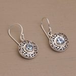 Blue topaz dangle earrings, 'Dainty Shields' - Round Sterling Silver Earrings with Blue Topaz Gems
