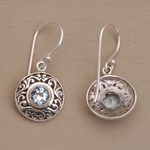 Blue topaz dangle earrings, 'Dainty Shields' - Round Sterling Silver Earrings with Blue Topaz Gems