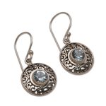 Blue topaz dangle earrings, 'Dainty Shields' - Round Sterling Silver Earrings with Blue Topaz Gems