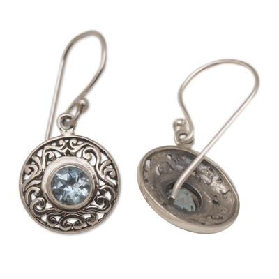 Blue topaz dangle earrings, 'Dainty Shields' - Round Sterling Silver Earrings with Blue Topaz Gems
