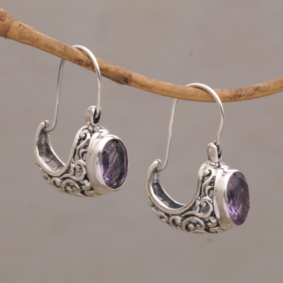 Amethyst drop earrings, 'Eternally Elegant' - Ornate Silver Drop Earrings with Oval Amethyst Gemstones