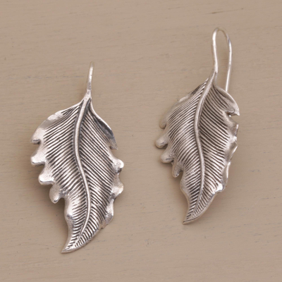 Sterling silver drop earrings, 'Germander Leaf' - Combination Finish Silver Leaf Drop Earrings
