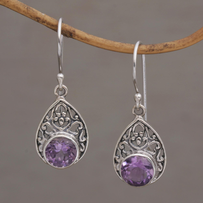 Amethyst dangle earrings, 'Heavenly Temple' - Sterling Silver and Amethyst Dangle Earrings