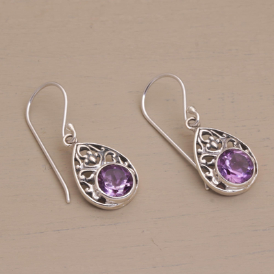Amethyst dangle earrings, 'Heavenly Temple' - Sterling Silver and Amethyst Dangle Earrings