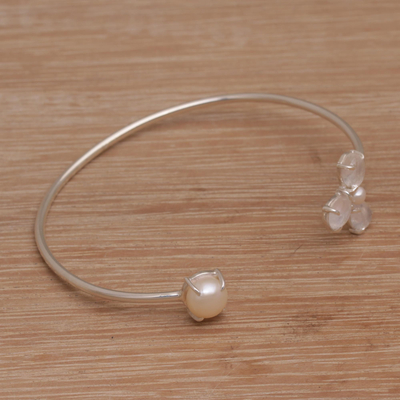 Cultured pearl and rainbow moonstone cuff bracelet, 'Moon Blossom' - Feminine Rainbow Moonstone and Cultured Pearl Bracelet
