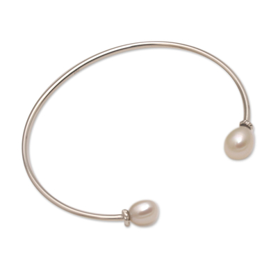 Cultured pearl cuff bracelet, 'Moonlight Ends' - Cultured Freshwater Pearl Sterling Silver Cuff Bracelet