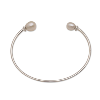 Cultured pearl cuff bracelet, 'Moonlight Ends' - Cultured Freshwater Pearl Sterling Silver Cuff Bracelet