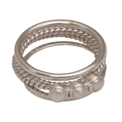 Cultured pearl stacking rings, 'United Moons' (set of 4) - 925 Sterling Silver Cultured Pearl Stacking Rings (Set of 4)