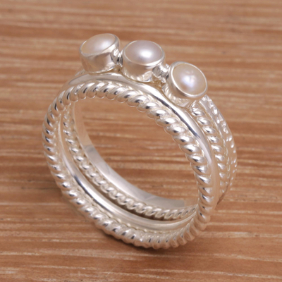 Cultured pearl stacking rings, 'United Moons' (set of 4) - 925 Sterling Silver Cultured Pearl Stacking Rings (Set of 4)