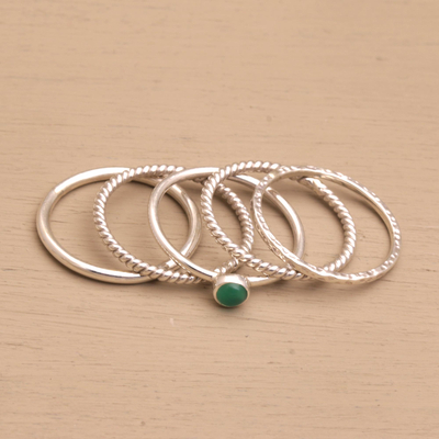 Agate and sterling silver stacking rings, 'As One' (set of 5) - Sterling Silver and Green Agate Stacking Rings (Set of 5)