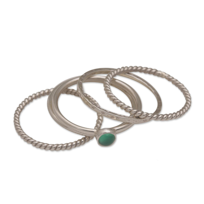 Agate and sterling silver stacking rings, 'As One' (set of 5) - Sterling Silver and Green Agate Stacking Rings (Set of 5)