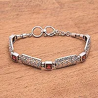 Granat-Gliederarmband, „Wind und Feuer“ – Granatquadrate und Sterlingsilber-Gliederarmband