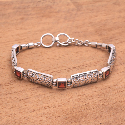 Garnet link bracelet, 'Wind and Fire' - Garnet Squares and Sterling Silver Blocks Link Bracelet