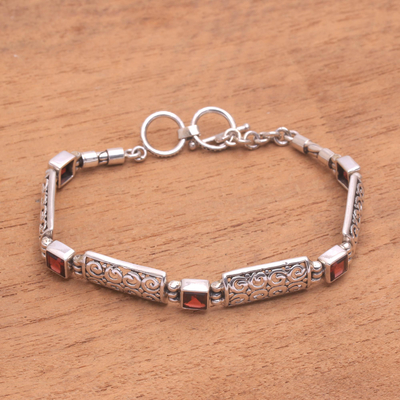 Garnet link bracelet, 'Wind and Fire' - Garnet Squares and Sterling Silver Blocks Link Bracelet
