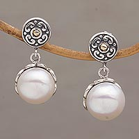Gold accent cultured pearl dangle earrings, 'Hidden Flowers'
