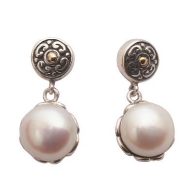 Gold accent cultured pearl dangle earrings, 'Hidden Flowers' - Gold Accent Cultured Pearl Dangle Earrings from Bali