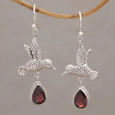 Garnet dangle earrings, 'Hummingbird Drops' - Hummingbird-Shaped Garnet Dangle Earrings from Bali