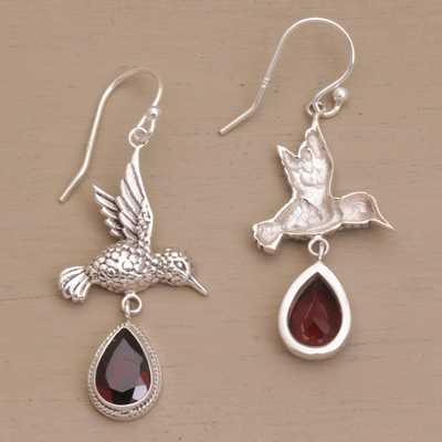 Garnet dangle earrings, 'Hummingbird Drops' - Hummingbird-Shaped Garnet Dangle Earrings from Bali