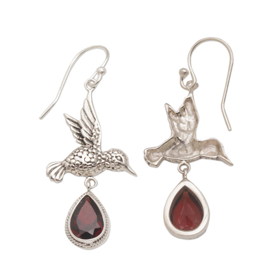 Garnet dangle earrings, 'Hummingbird Drops' - Hummingbird-Shaped Garnet Dangle Earrings from Bali