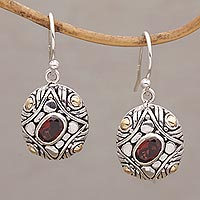Gold Accent Oval Garnet Dangle Earrings from Bali,'Temple Ovals'