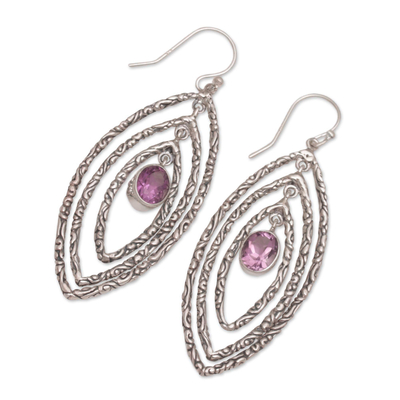 Amethyst dangle earrings, 'Illusive Eyes' - Amethyst and Sterling Silver Dangle Earrings from Bali